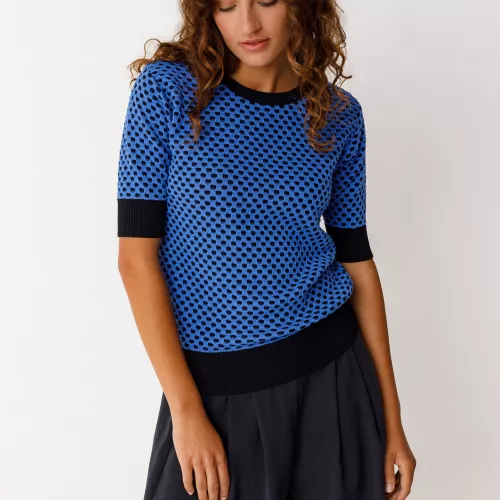 Pull MUIKE-GOTS bleu texturé pois vert bouteille