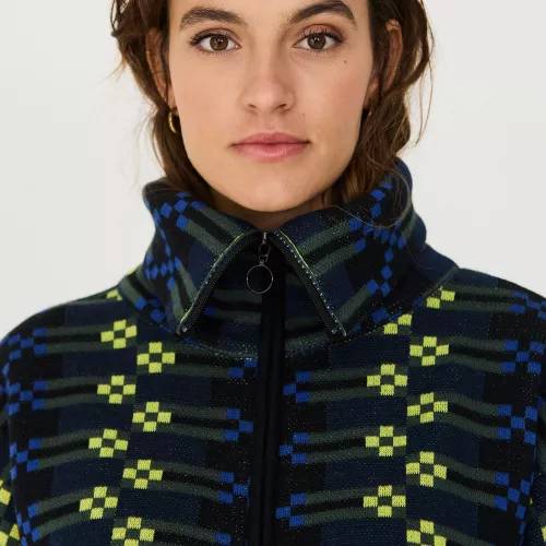 Gilet zippé LENORE-GOTS jacquard noir motif bleu et jaune